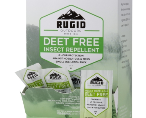 box of rugid deet free insect repellent single use foil packs