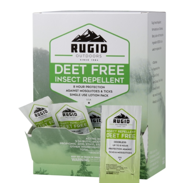 box of rugid deet free insect repellent single use foil packs