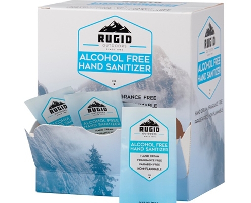 box of rugid single use alcohol free sanitizer foil packs