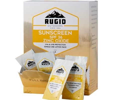 box of rugid single use zinc oxide sunscreen foil packs